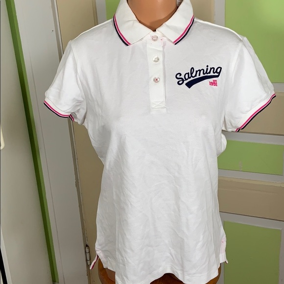 Salming XL LADIES POLO SHIRT IVY PINK BLUE WHITE - Picture 1 of 5